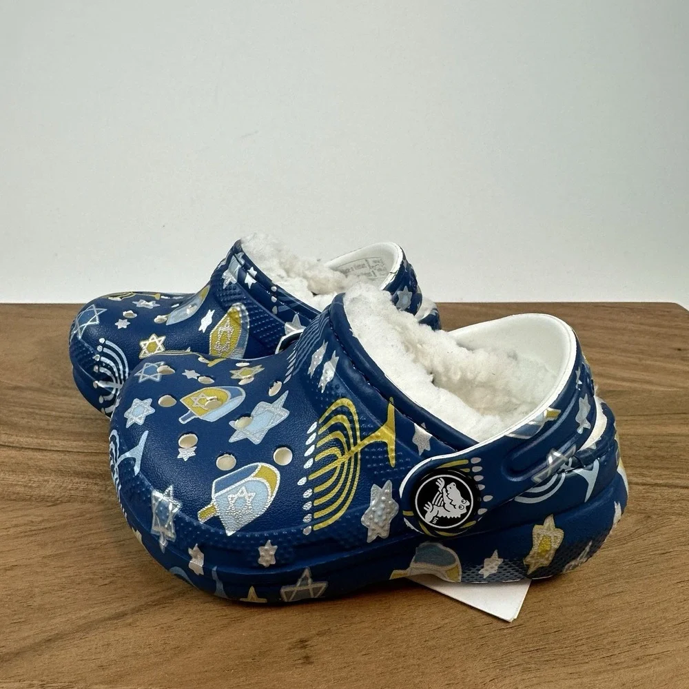 New Little Kids Crocs Classic Lined Blue Hanukkah Clogs Shoes Sandals Size‎ 5 C